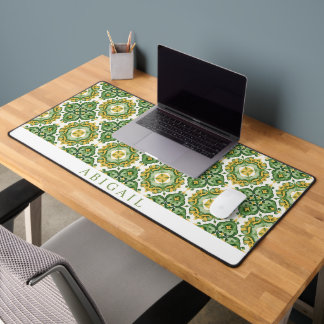Green geometric Mediterranean tile pattern Desk Mat