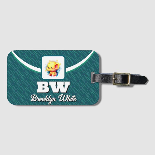 Green Geometric Pattern Customisable Photo Text Luggage Tag (Front Horizontal)
