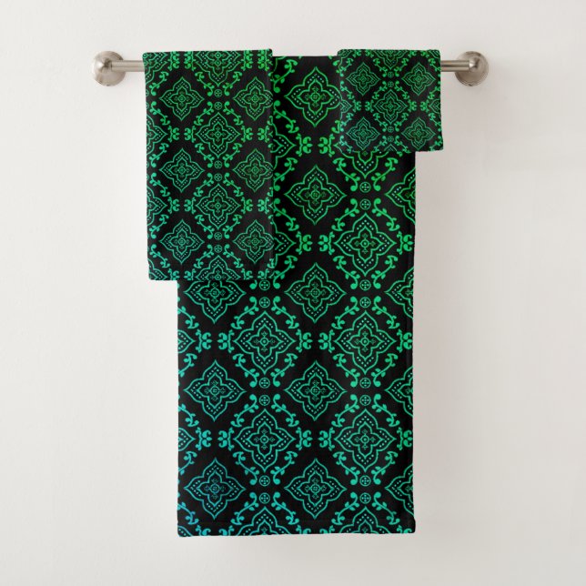 Green Geometric Pattern / Indian Print  Bath Towel Set (Insitu)