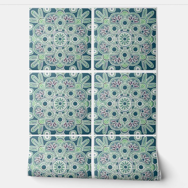 Green geometric tile pattern Wallpaper 2' x 4' (Unrolling)