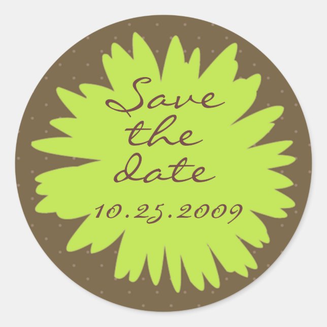 Green Gerbera on Brown Save the Date Sticker (Front)