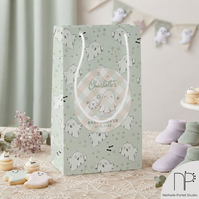Green Ghost Baby Shower Small Gift Bag (Hand-drawn ghost bat star moon pastel green orange gingham baby shower small gift bag template)