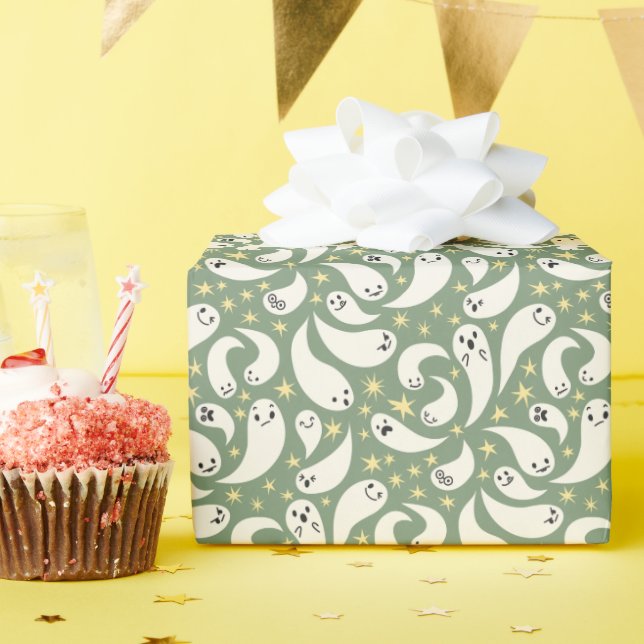 Green Ghost Halloween Pattern Wrapping Paper (Birthday Party)