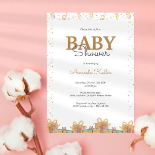 Green Gift Gold  Simple Baby Shower Invitation