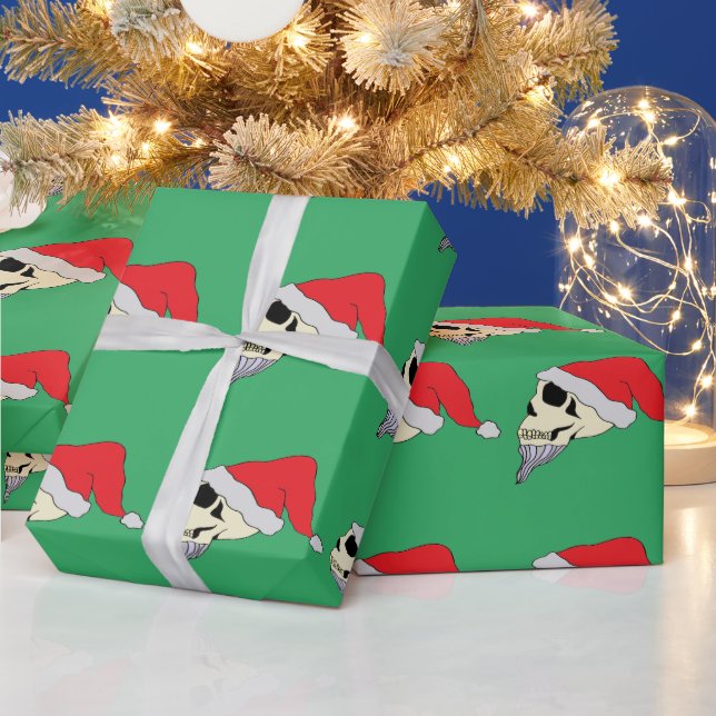 Green Gift Wrap With Skulls in Santa Claus Hats (Holidays)