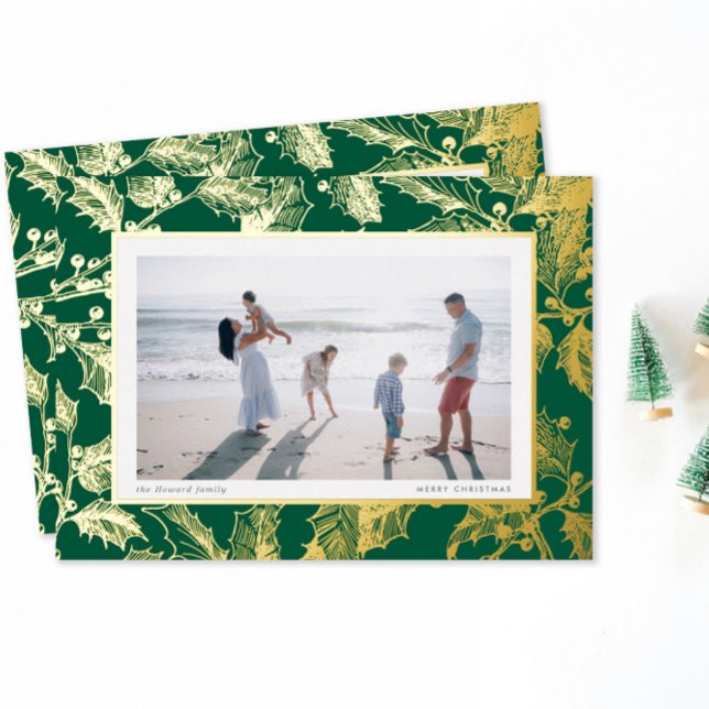 Green Gilded Holly Frame Traditional Christmas (holiday photo card traditional holly branch etching border in gold foil on classic Christmas green)
