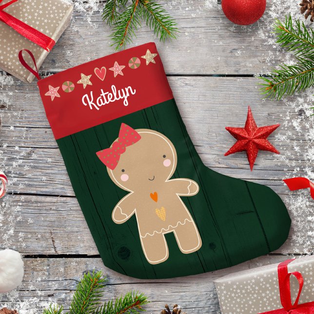 Green Gingerbread Girl Holiday Name Rustic Cute Small Christmas Stocking (Creator Uploaded)