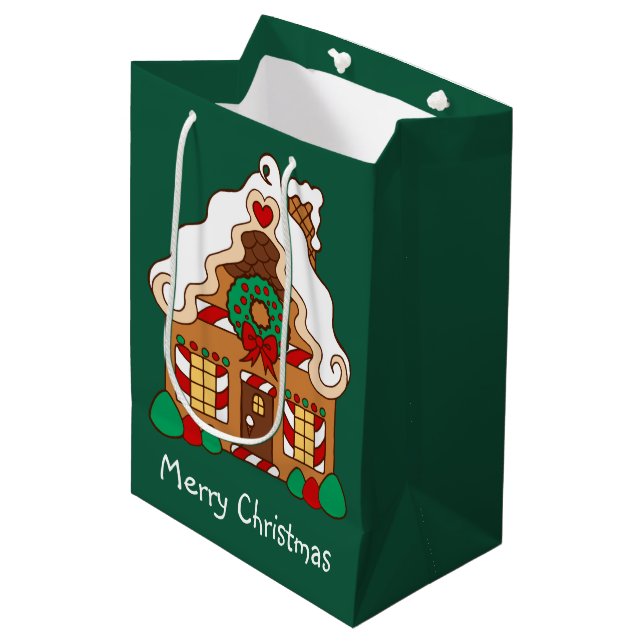 Green Gingerbread House Christmas Gift Bag (Front Angled)