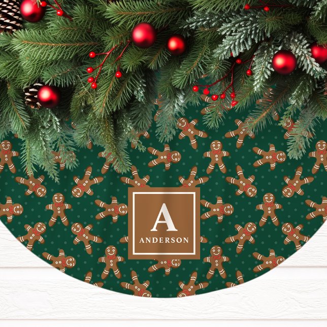 Green Gingerbread Man Monogram Christmas Brushed Polyester Tree Skirt (Creator Uploaded)