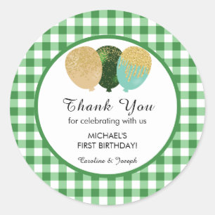 Green Gingham 1st Birthday Glitter Balloons Favour Classic Round Sticker