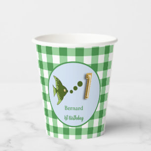Green Gingham 1st Birthday Photo Fish Gold Balloon Paper Cups