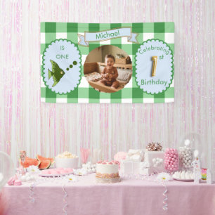 Green Gingham 1st Birthday Photo Fish Party  Banner