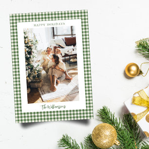 Green Gingham 2 Photo Holiday Frame Script Elegant Card