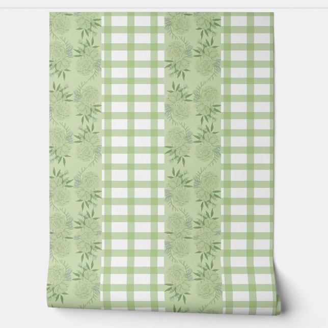 Green Gingham and Floral Motif Wallpaper (Unrolling)