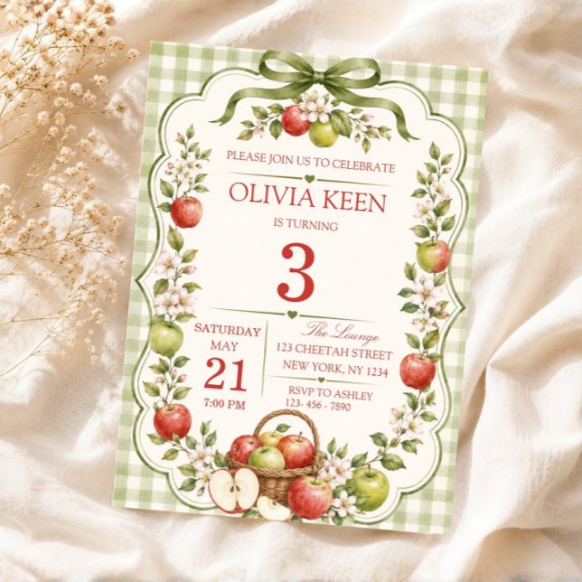 Green Gingham Apple Orchard Fall Birthday Invitation (Apple Picking Party Invite, Apple Theme Birthday Invitation)