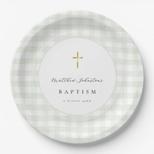 Green Gingham Baby Baptism Paper Plate