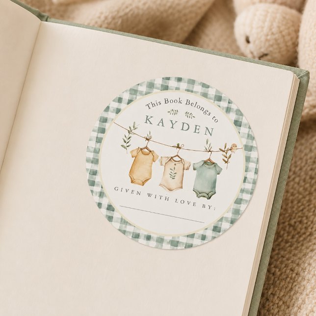 Green Gingham Baby Clothesline Bookplate Sticker (Green Gingham Baby Clothesline Bookplate Sticker)