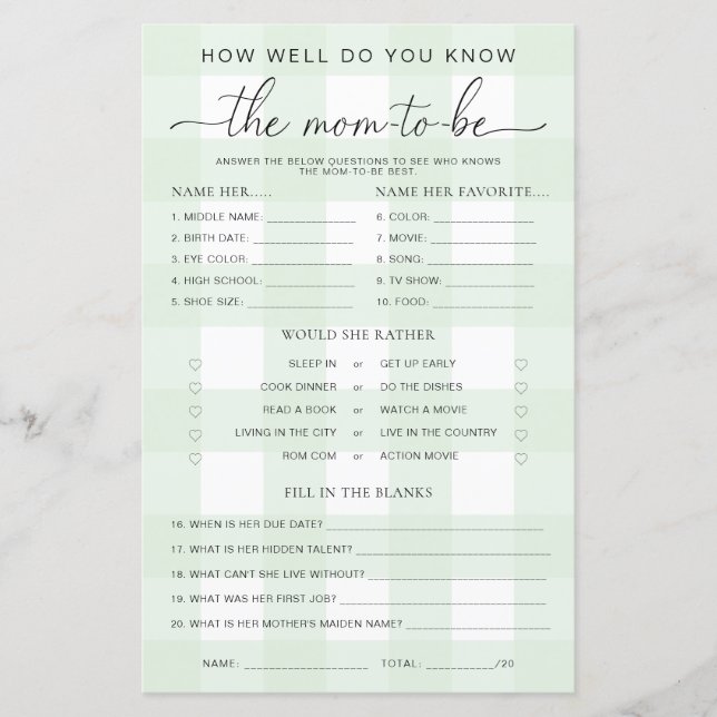 Green Gingham Baby Shower Know The Mum-to-be Game (Front)