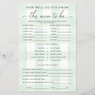 Green Gingham Baby Shower Know The Mum-to-be Game