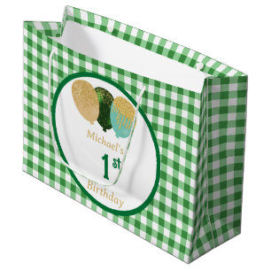 Green Gingham Balloons Custom Multi Photo Birthday Large Gift Bag