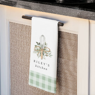 Green Gingham Botanical Whisk Personalised Tea Towel