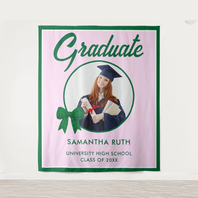 Green Gingham Bow Photo Graduation Backdrop Tapestry (Front)