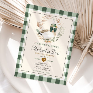 Green Gingham Boy Duck Duck Deuce 2nd Birthday Invitation