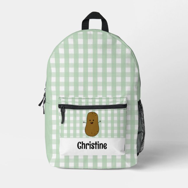 Green Gingham Brown Potato Custom Printed Backpack (Front)
