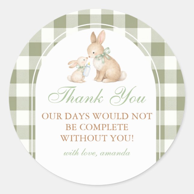 Green Gingham Bunny Spring Easter Baby Shower  Classic Round Sticker (Front)