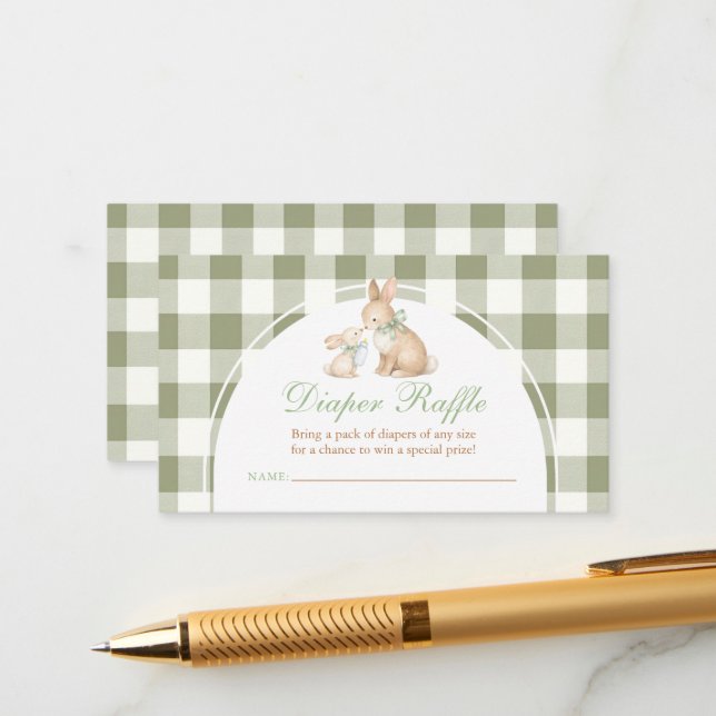 Green Gingham Bunny Spring Easter Diaper Raffle  Enclosure Card (Front/Back In Situ)