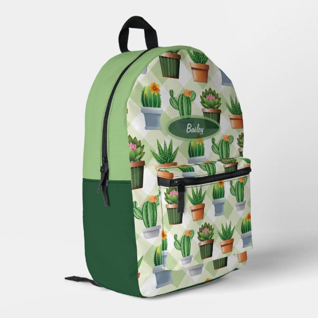 Green Gingham Cactus Pattern Printed Backpack (Back Corner Left)