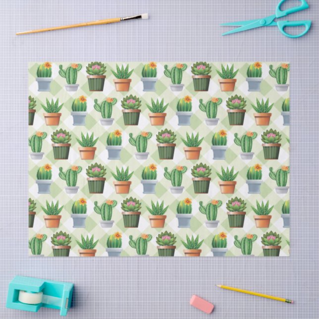 Green Gingham Cactus Pattern Tissue Paper (Craft)