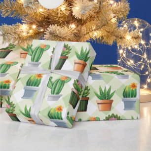Green Gingham Cactus Pattern Wrapping Paper