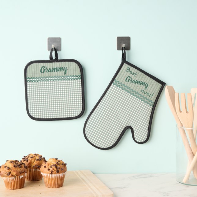 Green Gingham Check and Stripes Personalised  Oven Mitt & Pot Holder Set (Insitu(Hanging))