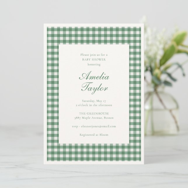 Green Gingham Check Classic Preppy Baby Shower  Invitation (Standing Front)