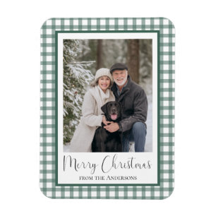 Green Gingham Check Merry Christmas Photo Magnet