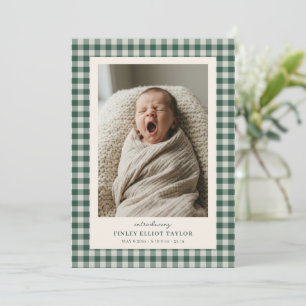 Green Gingham Check Newborn Photo Baby Boy Birth Announcement