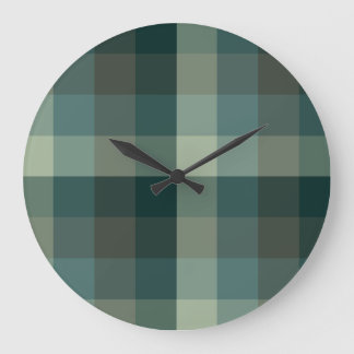 Green Gingham Check Plaid Design Large Clock