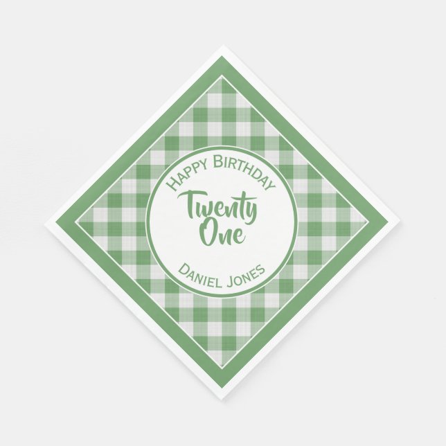 Green Gingham Checks Pattern Birthday Party Napkin (Corner)