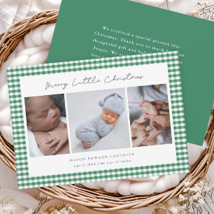Green Gingham Christmas 3 Photo Baby Thank You Card