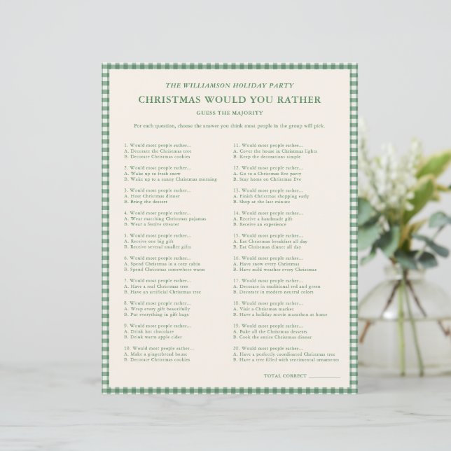 Green Gingham Christmas Would Rather Party Game (Standing Front)