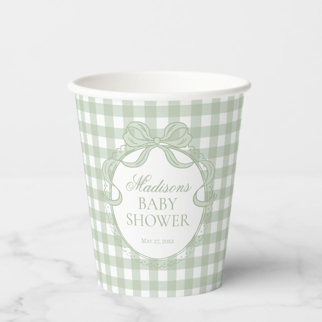 Green Gingham Coquette Bow Baby Shower Paper Cups (Front)