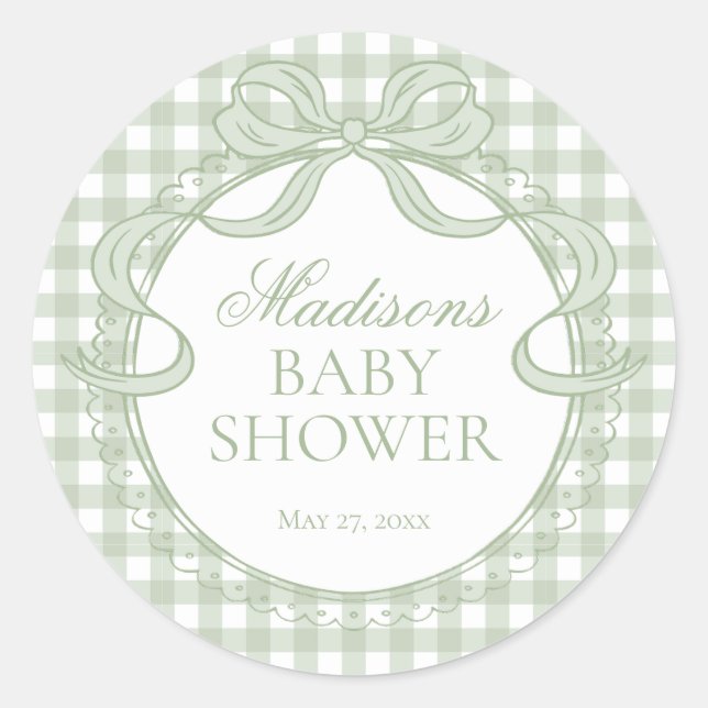 Green Gingham Coquette Bow Baby Shower Seal (Front)