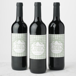 Green Gingham Coquette Bow Baby Shower Wine Label