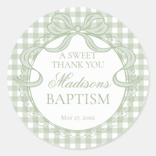 Green Gingham Coquette Bow Baptism Favour Classic Round Sticker