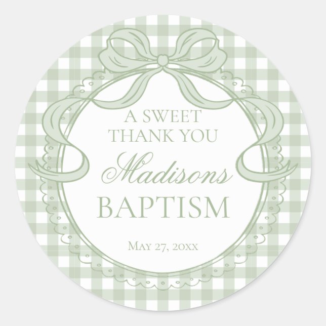 Green Gingham Coquette Bow Baptism Favour Classic Round Sticker (Front)