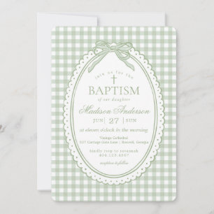 Green Gingham Coquette Bow Baptism Invitation