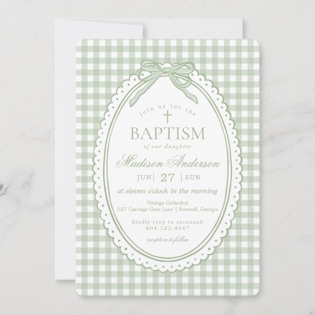 Green Gingham Coquette Bow Baptism Invitation (Front)