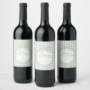 Green Gingham Coquette Bow Baptism Wine Label