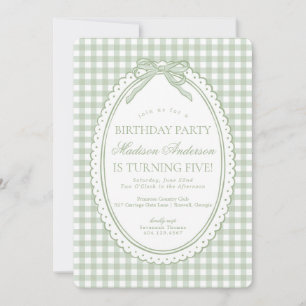 Green Gingham Coquette Bow Birthday Party Invitation